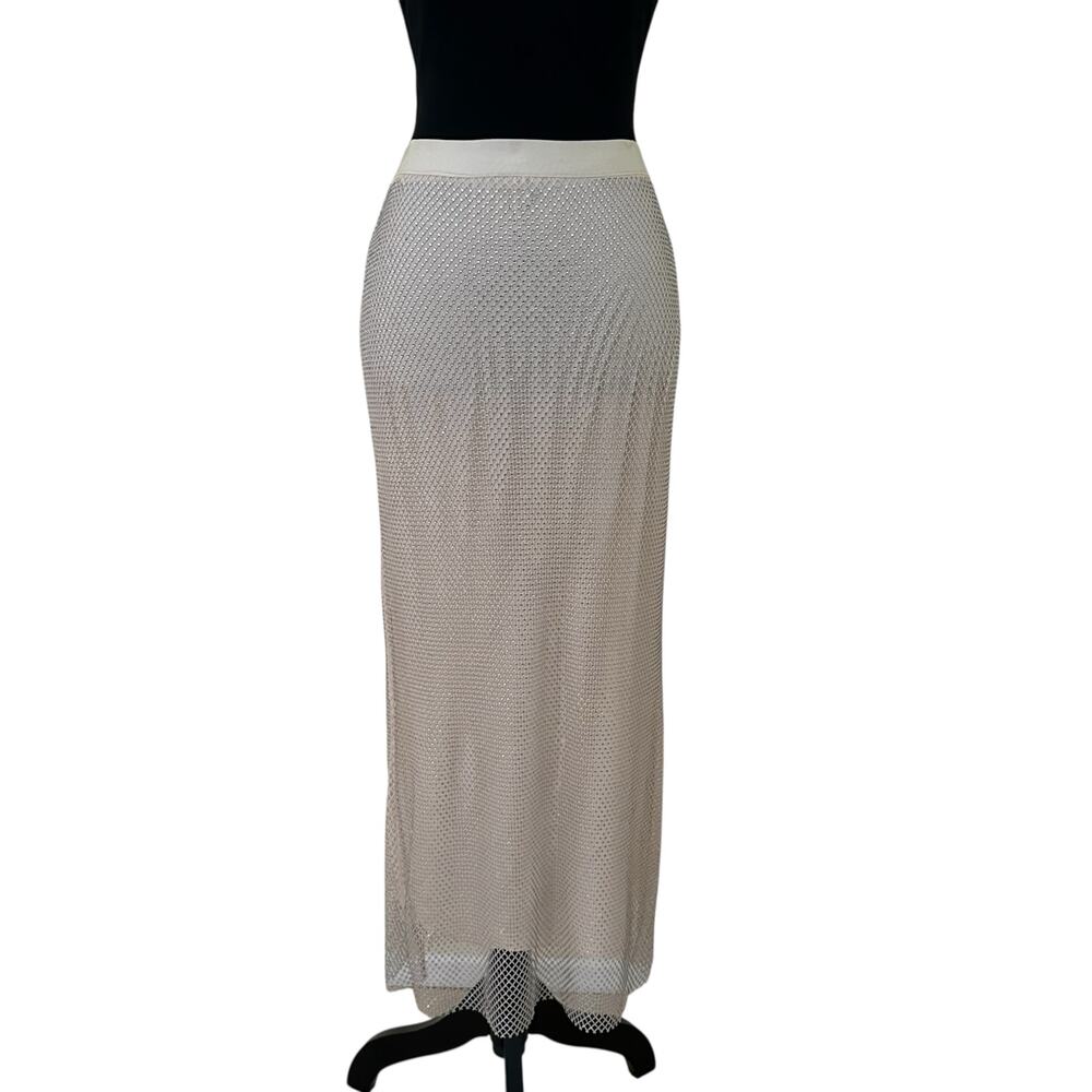 Aqua Crystal Embellished Mesh Off-White Midi Skirt Size XL - NWT MSRP $98